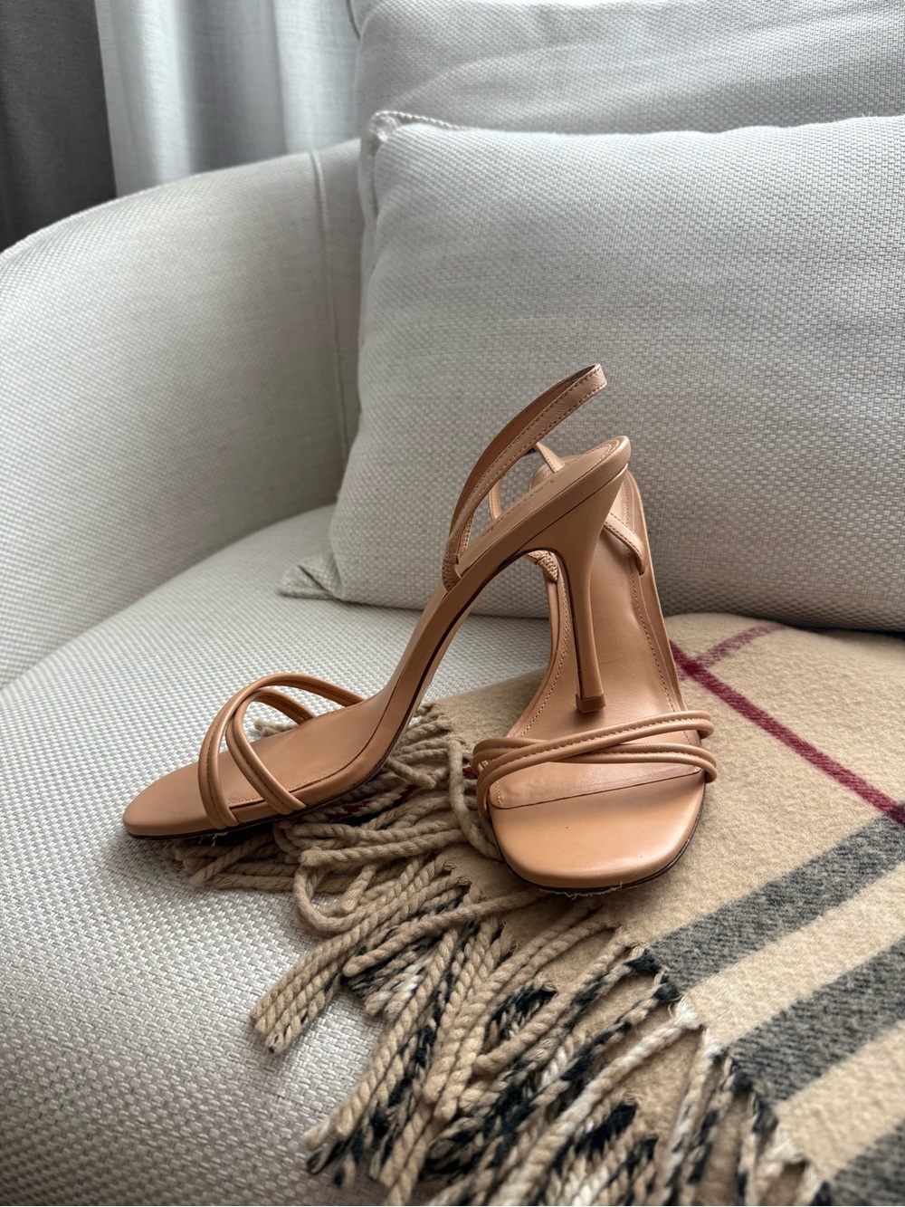 Larroude Nude Tan Strappy High Heel Sandals